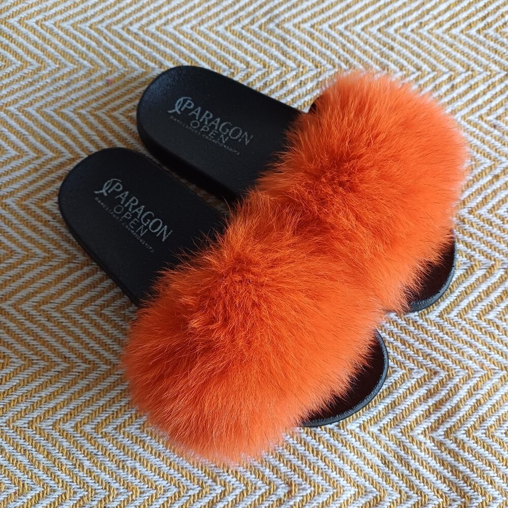 Paragon Open DanceSport Championships Faux Orange Fur Black Slides Sandals